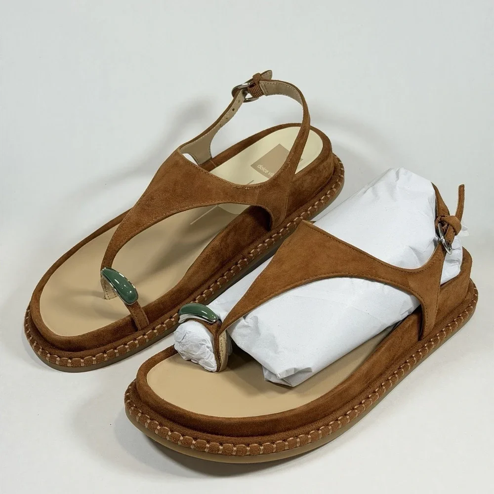 Dolce Vita Brown Suede Toe-Ring Sandals with Green Accents